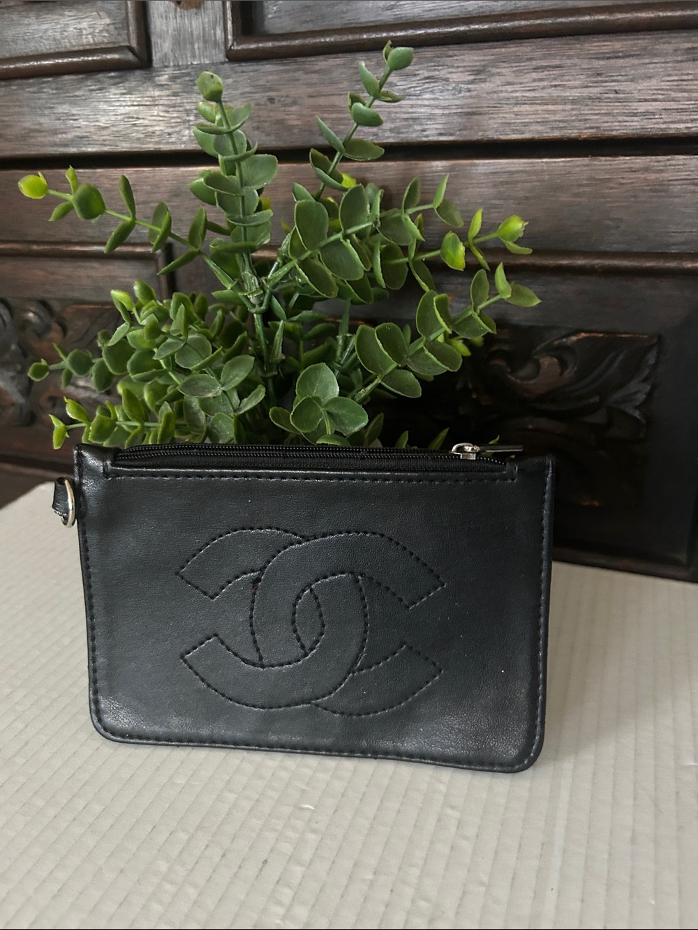 Black  Leather Zip Pouch with Interlocking Logo